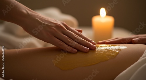 Wallpaper Mural Persons arm massages leg with yellow paste near a lit candle Torontodigital.ca