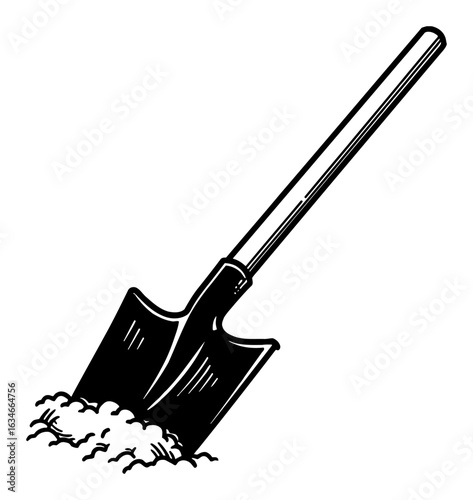 Classic Gardening Shovel Digging into Earth Ground Black and White Outline Line Art Drawing Tool