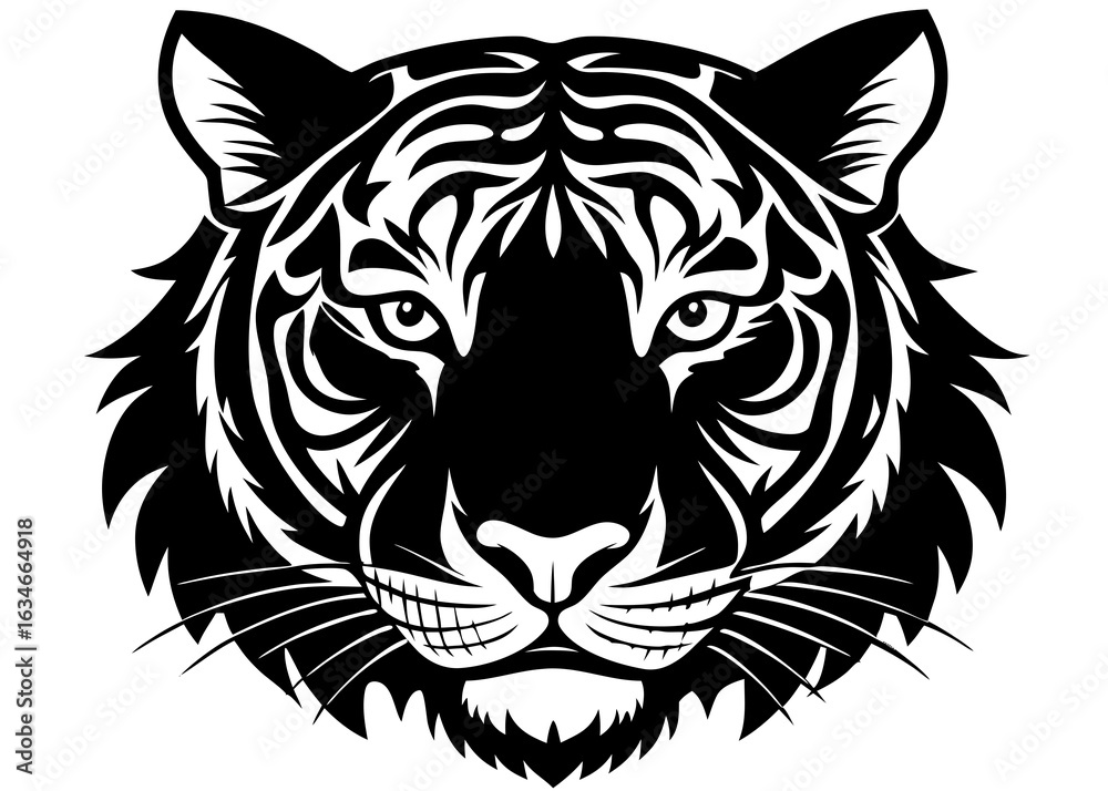 Obraz premium Striking black and white tribal tiger head illustration featuring intricate patterns and a fierce gaze perfect for graphic design and tattoos