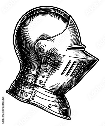 Detailed Medieval Knight Helmet Armor Profile View Black and White Outline Line Art Drawing