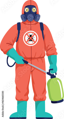Pest control worker in orange hazmat suit with gas mask and sprayer vector illustration 