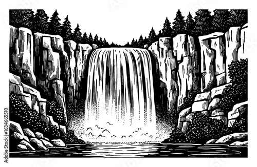 Majestic Waterfall Landscape with Tall Cliffs and Pine Trees Black and White Outline Line Art Drawing Simple Coloring Book Style