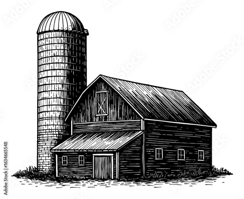 Traditional American Barn Building and Tall Silo Farm Structure Black and White Outline Line Art Drawing