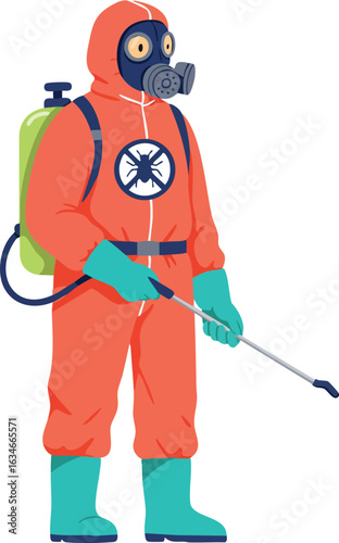 Pest control technician in protective orange suit with gas mask and sprayer vector illustration 