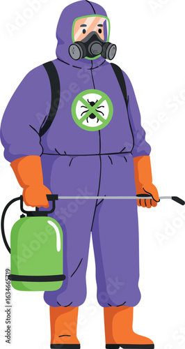 Pest control worker in protective purple suit with green sprayer illustration vector 