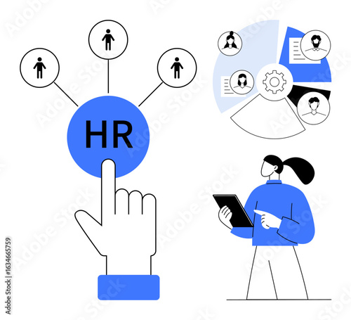 HR icon linked to user profiles, chart with statistics, and professional analyzing data on tablet. Ideal for recruitment, hiring process, employee management, team building, HR software, workforce