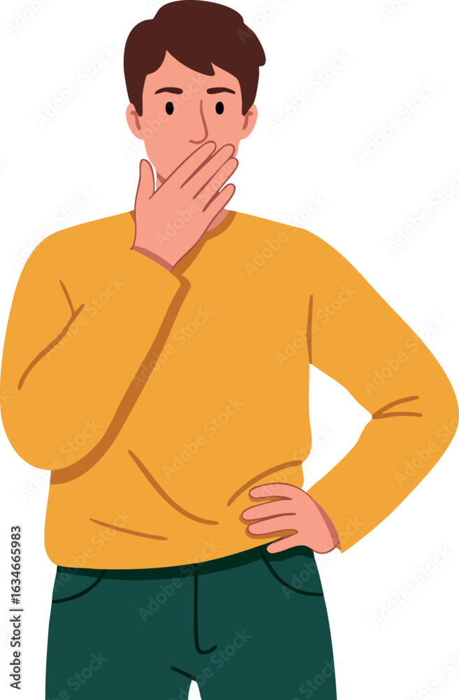 Fototapeta premium Young man with hand over mouth expressing surprise or silence in yellow sweater vector illustration 
