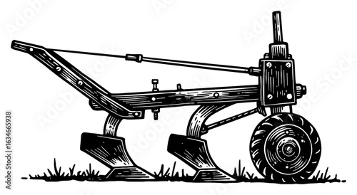 Simple Vintage Agriculture Farm Tool Plow Equipment Black and White Outline Line Art Drawing on Ground