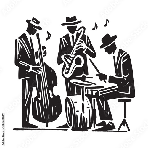 Jazz band trio performing live retro vector illustration