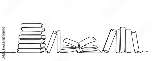 Stack of books, open book, and standing books in minimalist continuous line art style