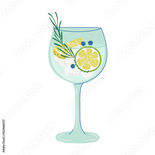 Refreshing Gin and Tonic Cocktail. Cool Summer lemonade. Glass with beverage, lime, lemon, herbs, ice. Alcohol drink made from gin. Hand drawn flat design vector illustration.
