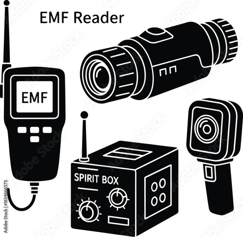 Vector art of paranormal investigation equipment including emf reader, spirit box, camera, and infrared device, isolated on white background