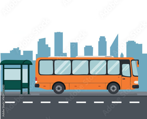 Orange city bus near bus stop with urban skyline background vector illustration 