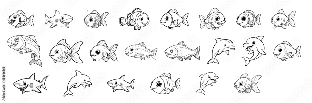 Fototapeta premium Collection of cartoon fish and dolphins in black and white outline style on a white background drawing style