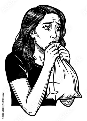 Pretty Woman Suffering Panic Attack Breathing Using Paper Bag Black and White Outline Line Art Drawing