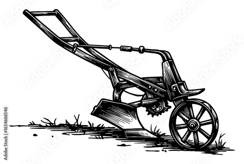 Vintage Simple Plow Agriculture Equipment Farm Tool Black and White Outline Line Art Drawing