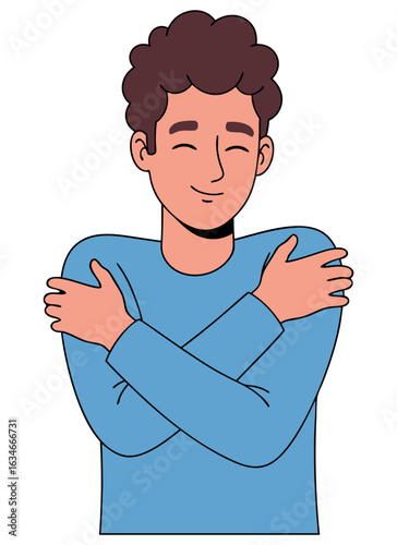 Happy Man Embracing Himself in a Gesture of Self-Love and Contentment Illustration