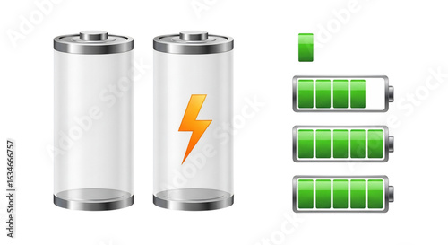 Set of realistic battery icons with charge level indicators and a yellow lightning bolt symbol.