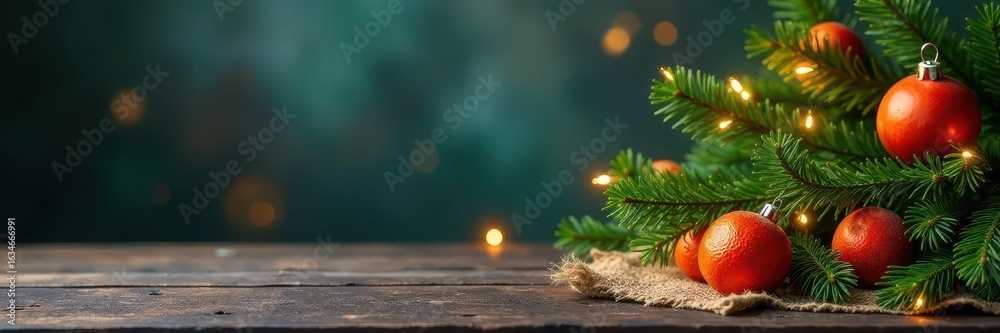 Obraz premium Spruce & orange Christmas arrangement, burlap accents, glowing lights Abstract textured backdrop , spruce, copy space, cozy