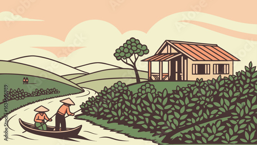 A serene rural scene featuring a boat on a river, a traditional house, and lush green hills, capturing the essence of asian countryside
