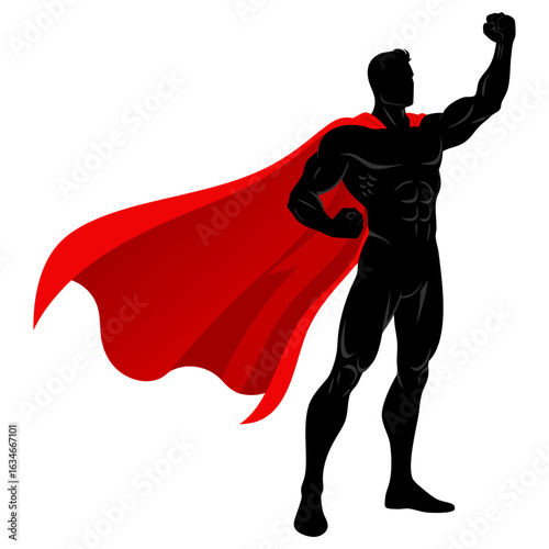 Powerful Superhero Silhouette with Red Cape Symbolizing Strength and Courage in Victory