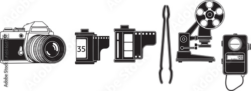 Vector art of vintage photography equipment and film isolated on white background