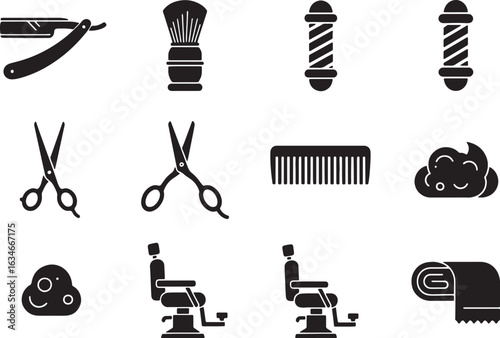 Vector art of barber shop tools and equipment isolated on white background