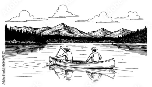 Two People Paddling Canoe on Lake with Mountains Black and White Outline Line Art Drawing Coloring Book Style