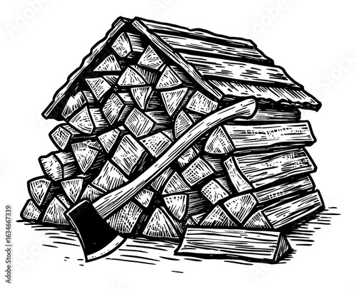 Stacked Woodpile and Axe Black and White Outline Line Art Drawing for Rustic Energy Illustration
