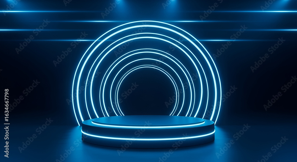 Fototapeta premium Futuristic 3D Render of Neon Blue Podium with Glowing Arch and Motion Light Streaks 