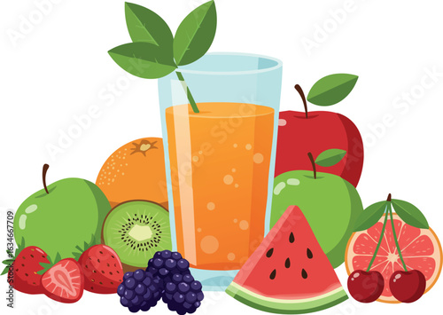 Fresh fruit juice with assorted fruits including watermelon, apple, orange, and berries vector illustration 