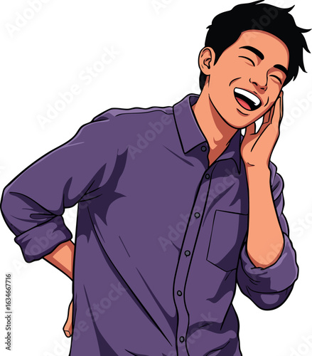 Laughing man in purple shirt enjoying joyful moment vector illustration 