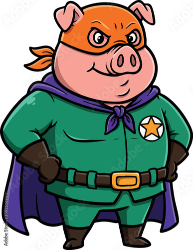 Superhero pig character in green costume with orange mask and purple cape vector illustration 