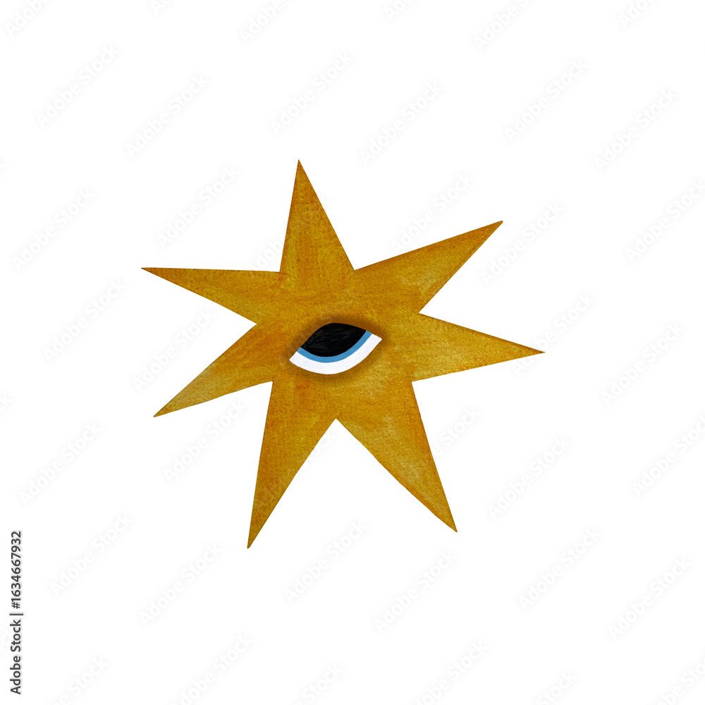 A watercolor illustration of an asymmetrical yellow star with an eye, set against a white background. The design combines bold color and mysticism, making it suitable for artistic, spiritual, or A watercolor illustration of an asymmetrical yellow star with an eye, set against a white background. The design combines bold color and mysticism, making it suitable for artistic, spiritual, or