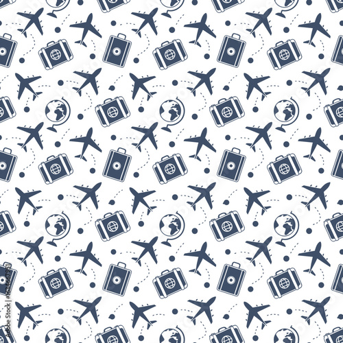 Seamless travel pattern with planes, globes, and luggage Seamless Vector pattern