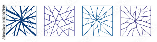 A set of cracked glass or shattered surface patterns, showcasing sharp, angular fractures radiating from the center. 