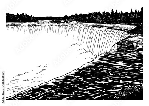 Beautiful Niagara Waterfall Landscape Simple Coloring Book Style Black and White Outline Line Art Drawing