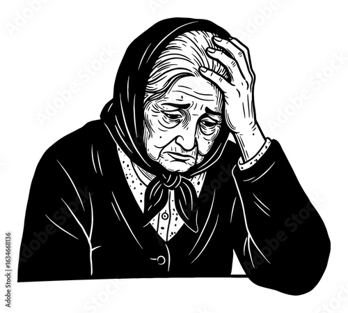 Distressed Grandma Holding Head in Hand Depicting Sadness Stress Worry Black and White Outline Line Art Drawing