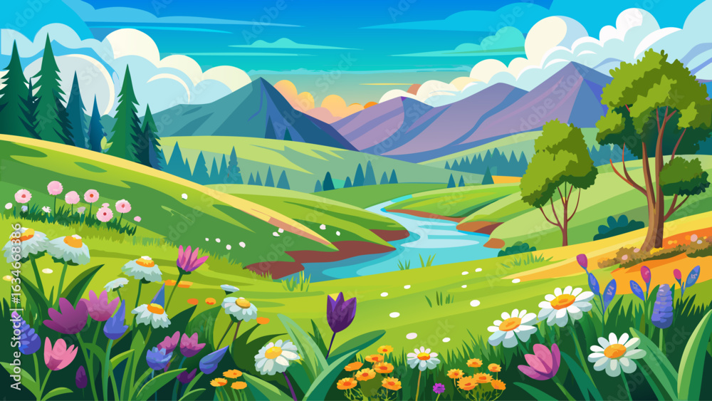 Naklejka premium very Beautiful natural spring summer landscape of a flowering meadow in a hilly area on a bright sunny day. Many flowers in a field in green grass. Small zone of .
