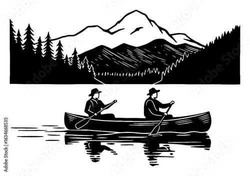 Two People Paddling Canoe on Lake with Mountains Landscape Scenery in Simple Black and White Outline Line Art Drawing
