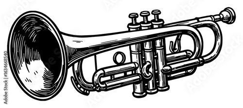 Trumpet Musical Instrument Black and White Outline Line Art Drawing Vintage Engraving Style Isolated Object