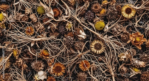 Topdown view of dry leaves flowers and roots scattered on dark soil
