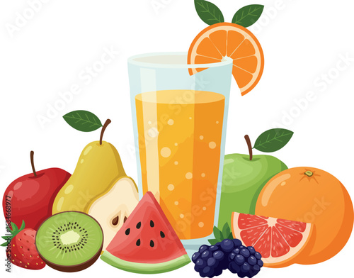 Fresh Fruit Juice Glass with Assorted Fruits Including Orange Watermelon Kiwi Pear Apple Strawberry Grapes 