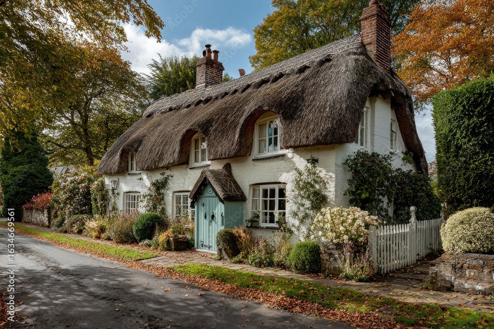 Fototapeta premium Autumnal thatched cottage by a country road