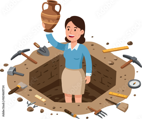 Female Archaeologist Holding Ancient Pottery Artifact in Excavation Site with Tools Around Vector Illustration 