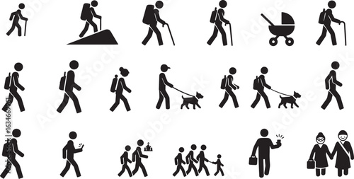 Vector art of collection of stick figure icons depicting various people and activities, isolated on white background