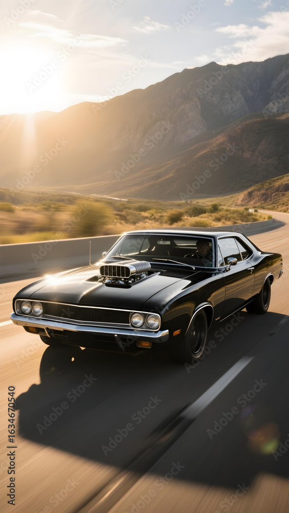 Fototapeta premium A sleek black vintage muscle car speeds down a sunlit highway, its supercharged engine roaring. 
