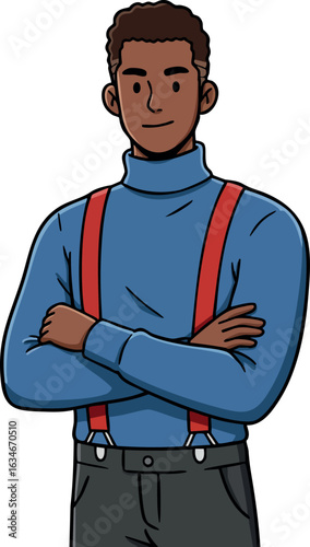 Confident young man with crossed arms wearing blue turtleneck and red suspenders vector illustration 