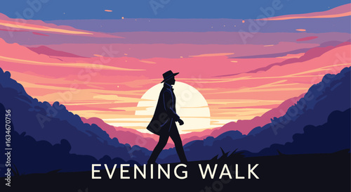 Vector art of silhouette of a person on an evening walk during a vibrant sunset over mountainous landscape