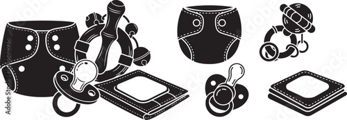 Vector art of collection of baby cloth diapers, pacifiers, and toys isolated on white background